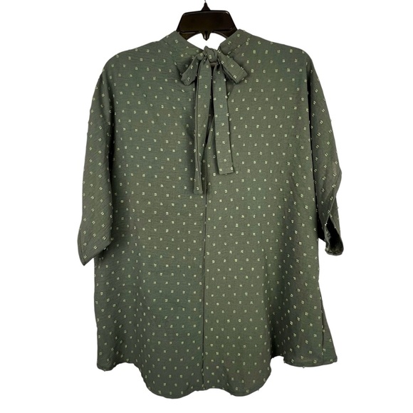 Army Green High Neck Blouse Size Large Dobby Dot 3/4 Sleeve Boho Top - Picture 7 of 7